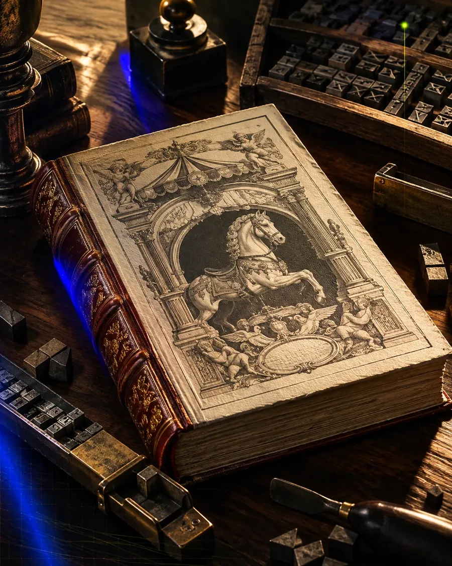 Livro renascentista com gravura de um cavalo, ao lado de tipos moveis.